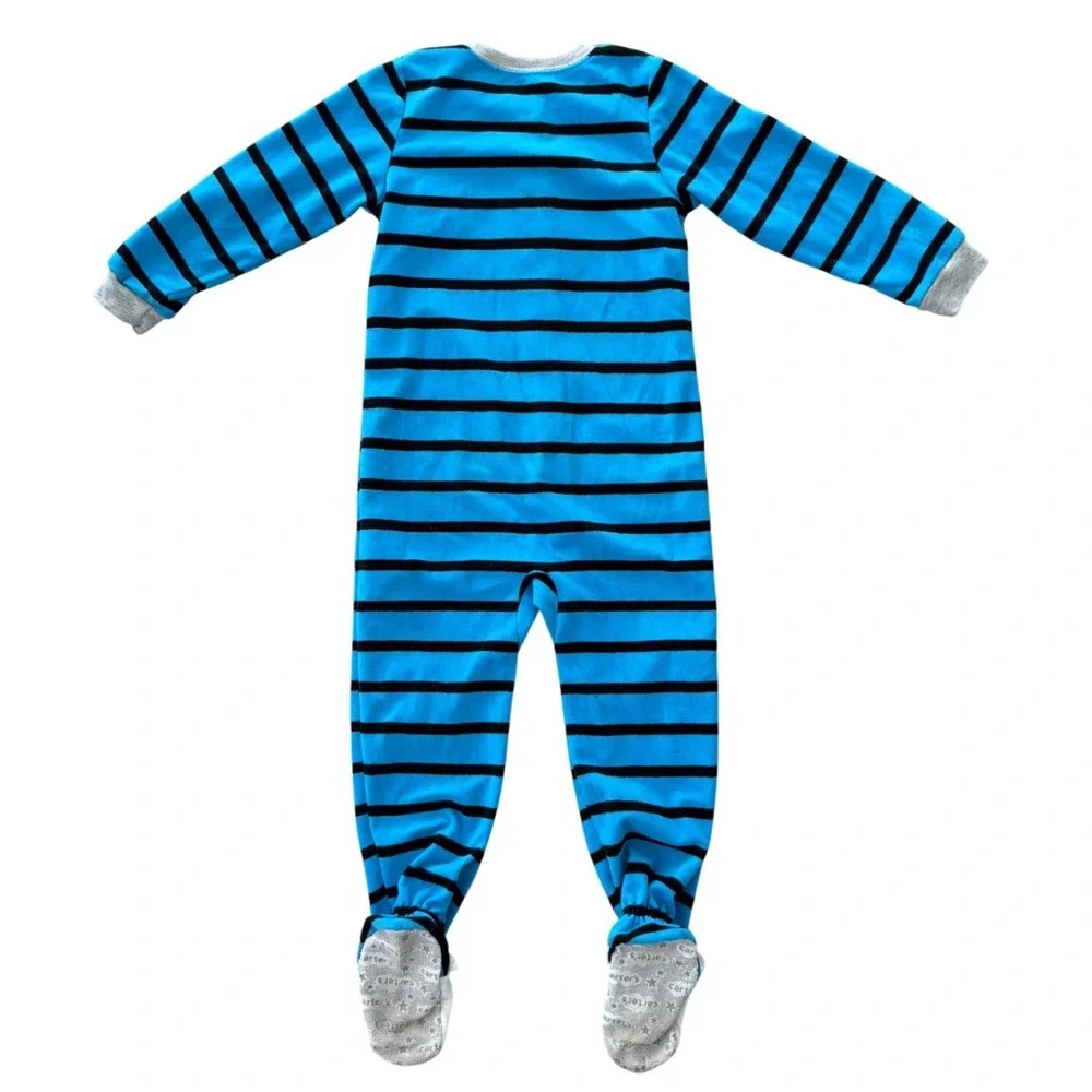 Carters Kids Blue Black Striped Polar Bear Fleece‎ Footed Pajamas Sleeper Size 4